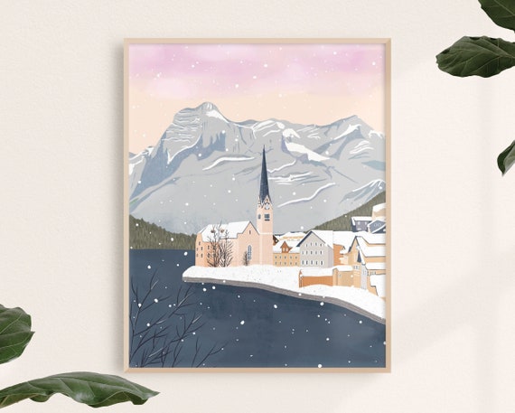 Hallstatt Austria Art Print Lakeside Village Alps Illustration