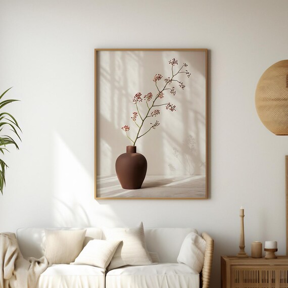 Boho Wall Art Minimal Vase Print With Branch Neutral Botanical Artwork Warm Scandinavian Decor Modern