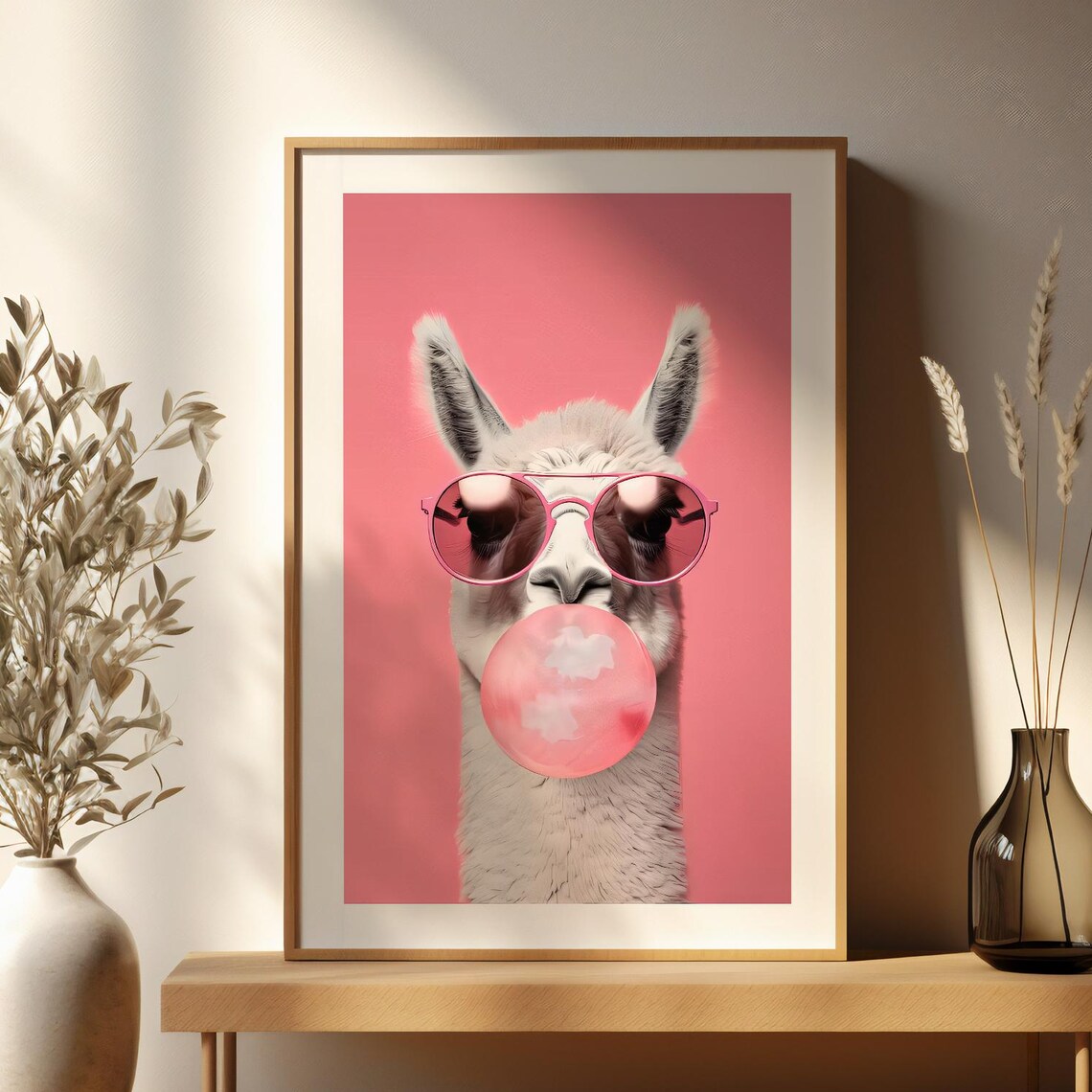 Pink Llama Bubble Gum Print, Funny Kids Room Art