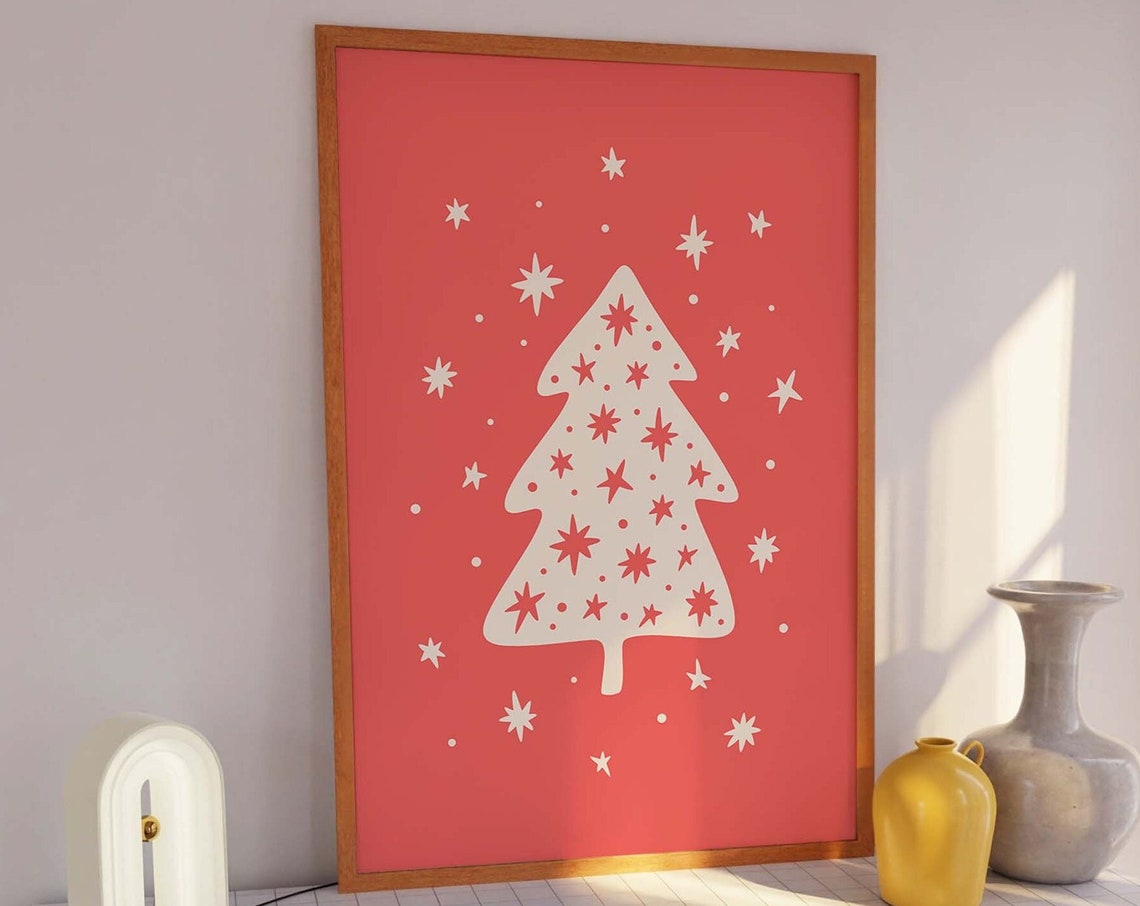 White Christmas Tree Coral Red Cute Starry Retro Holiday Poster