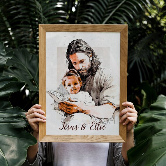 Jesus Holding Little Girl Watercolor Custom Photo Portrait Poster