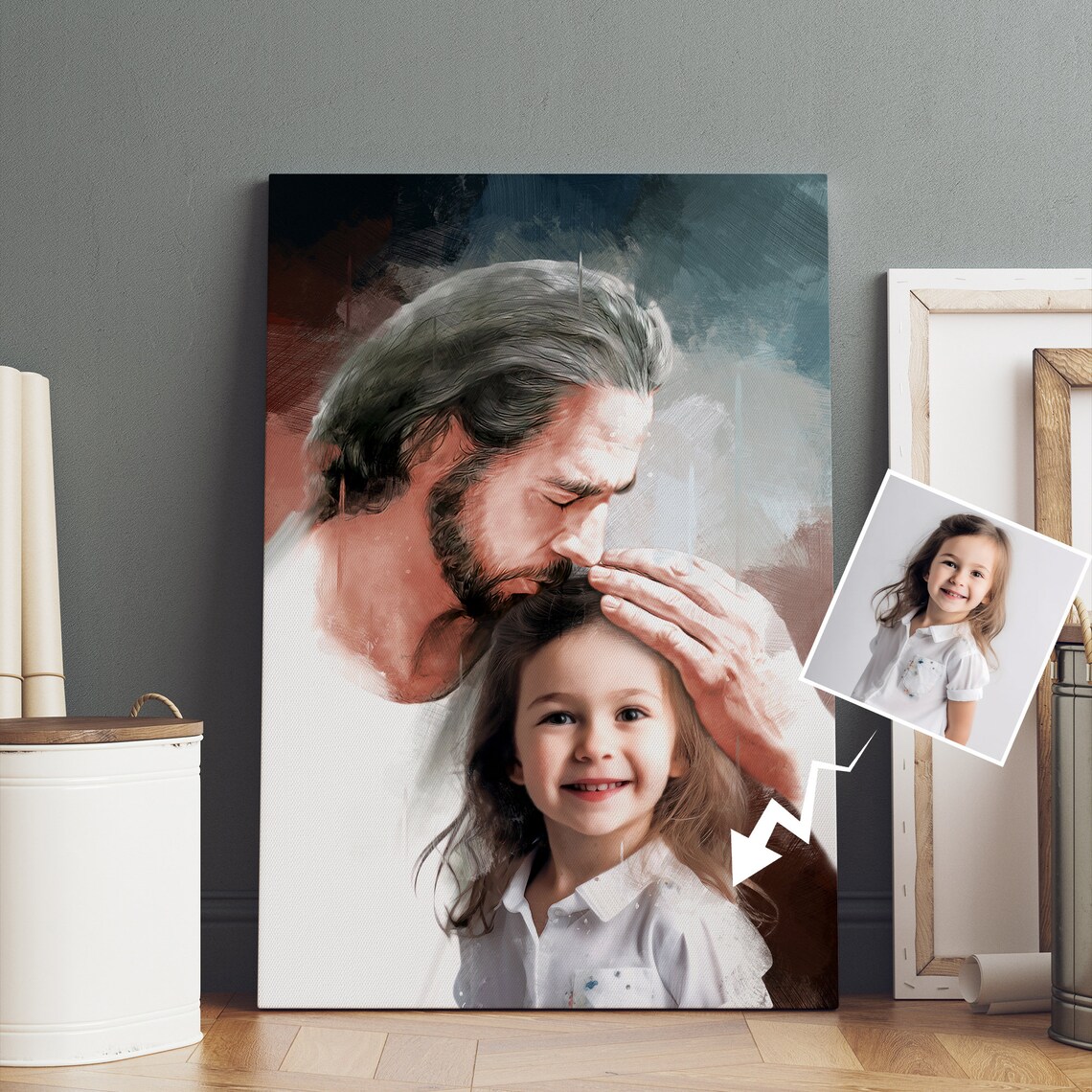 Jesus Blessing Smiling Little Girl Oil Paint Custom Photo Poster