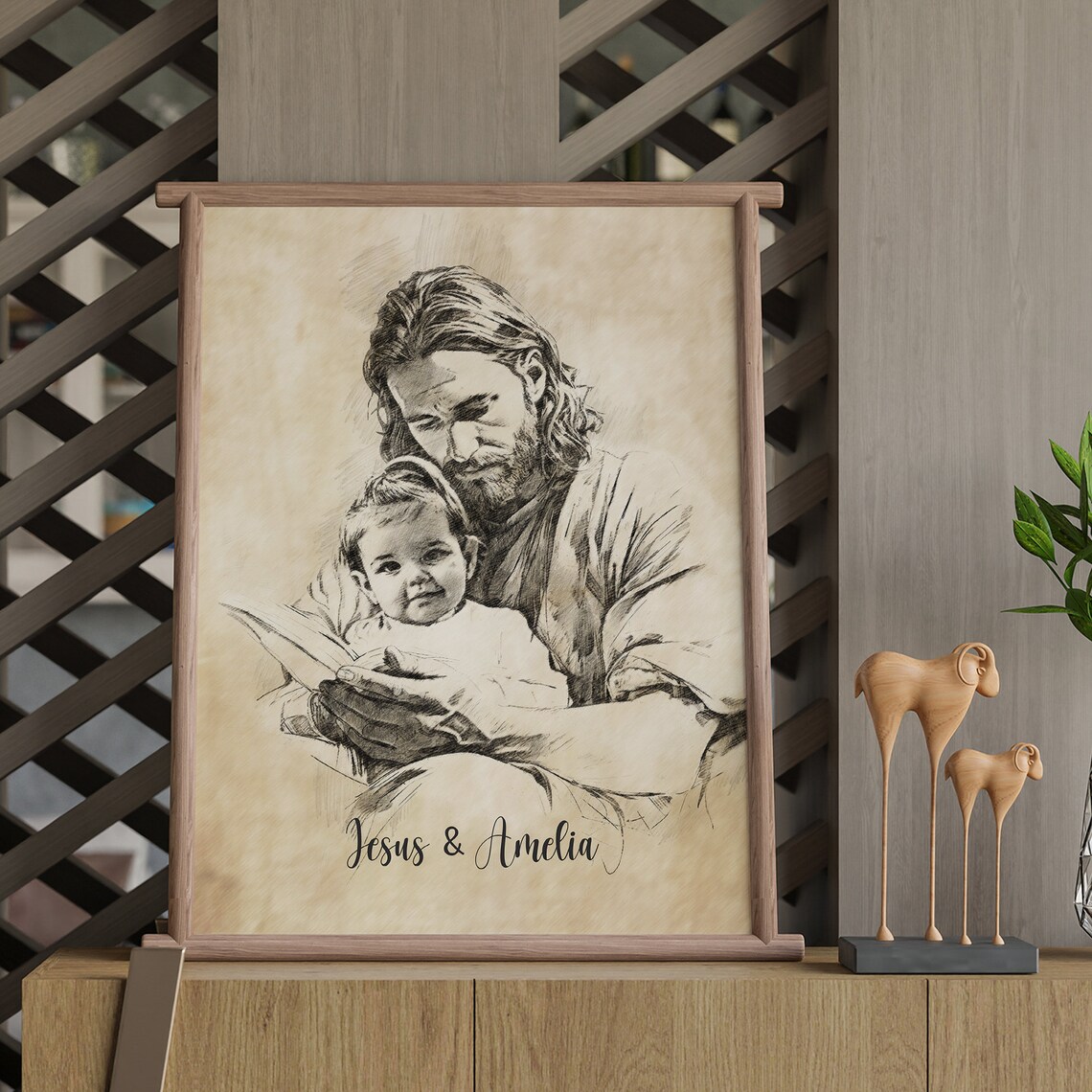 Jesus Reading with a Child in a Warm Framed Pencil Sketch Personalized Poster - Image 3