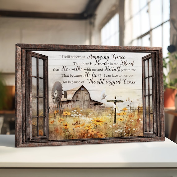 Farmhouse Window Amazing Grace Barn Cross Sunflower Field Wall Art