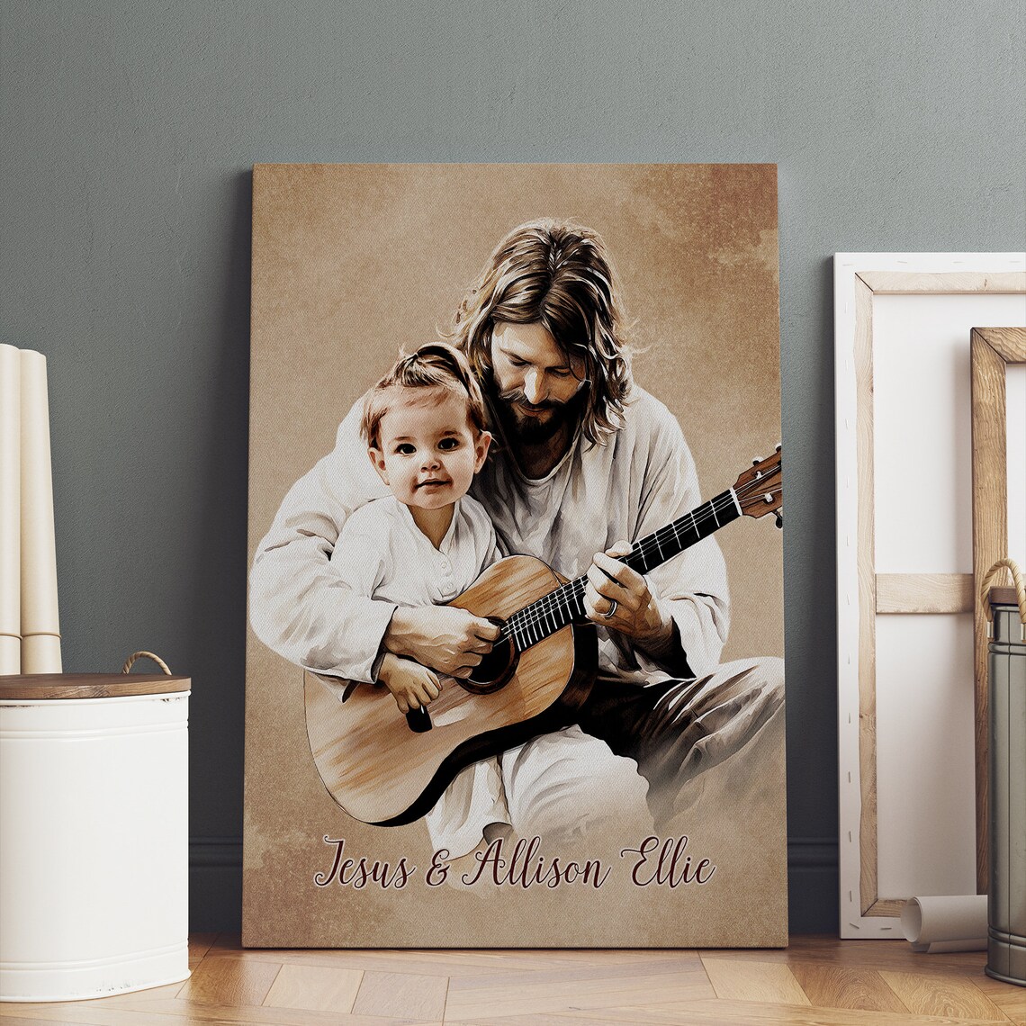 Jesus Playing Guitar With Toddler Asher Roman Sepia Watercolor Poster - Image 3