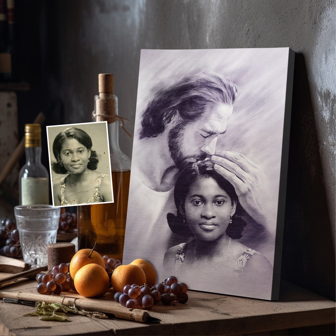 Jesus Blessing a Young Woman Lavender Pencil Restored Photo Art Poster - Image 4