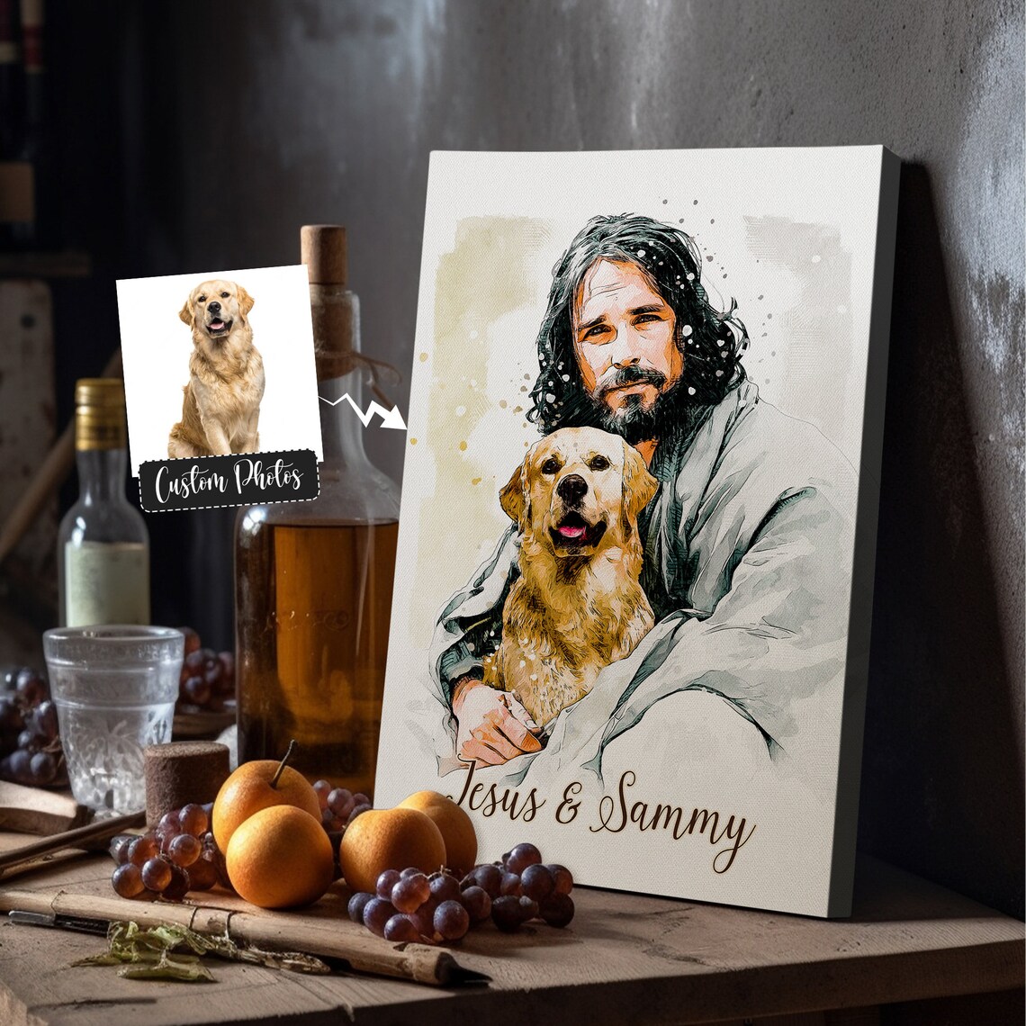 Jesus Holding Golden Retriever Sammy Framed Watercolor Memorial Poster - Image 3