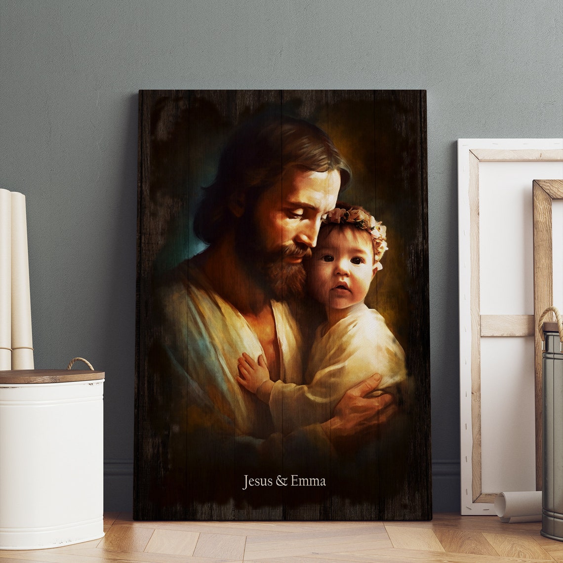 Jesus Hugging Smiling Toddler Ozzy Rustic Wood Personalized Art Poster - Image 2