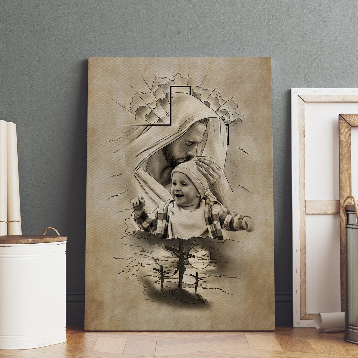 Custom Child Photo with Jesus Blessing Sketch Portrait Wall Poster - Image 2