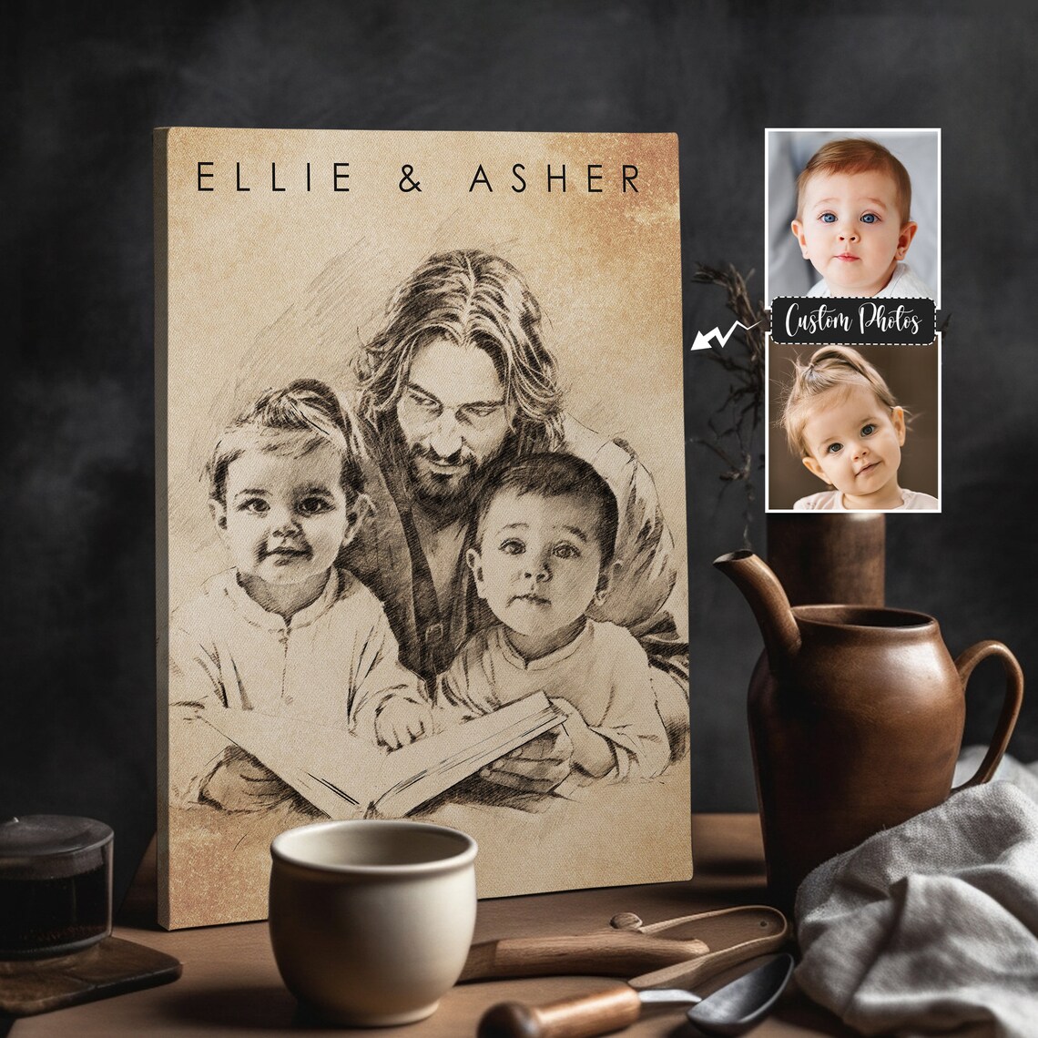 Jesus Reading with Two Children in Warm Sepia Pencil Sketch Canvas Poster - Image 4