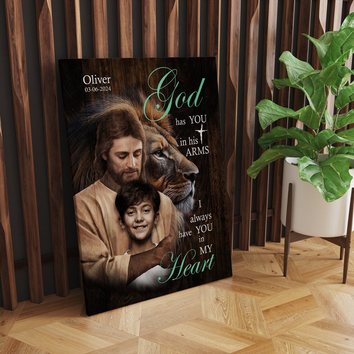 Jesus and Lion of Judah God Has You in His Arms Personalized Canvas Poster - Image 3