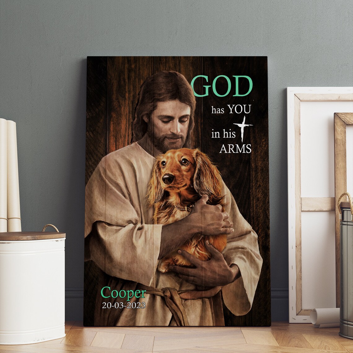 Jesus Holding a Dachshund God Has You in His Arms Personalized Dog Poster - Image 2