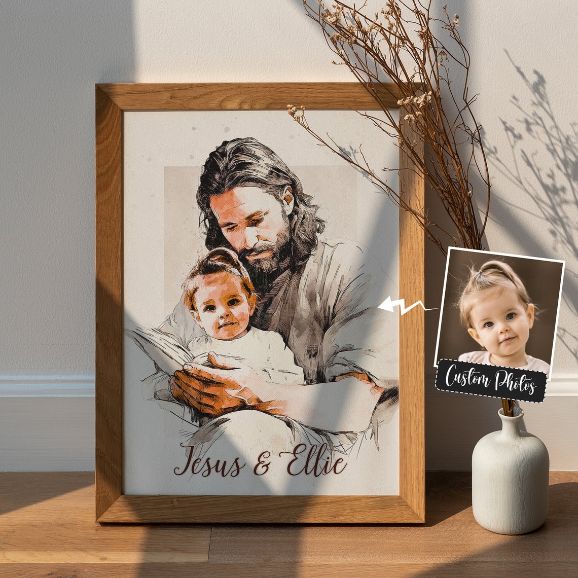 Your Child Safe In The Arms Of God Watercolor Wall Art Personalized Jesus Holding Baby Memorial Child And God Christ And Baby - Image 4