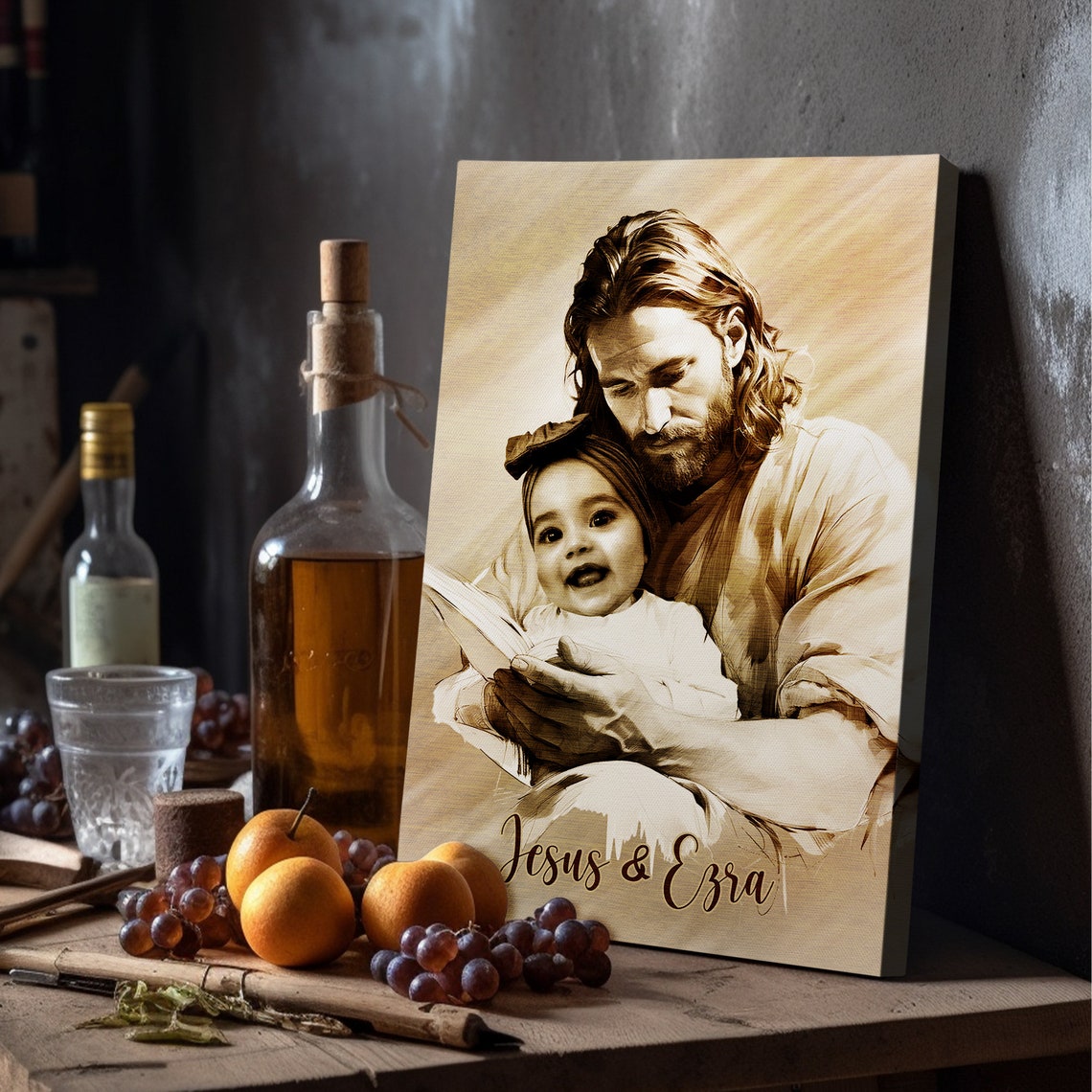Jesus Reading to Baby Ezra Sepia Framed Personalized Memorial Wall Art - Image 3