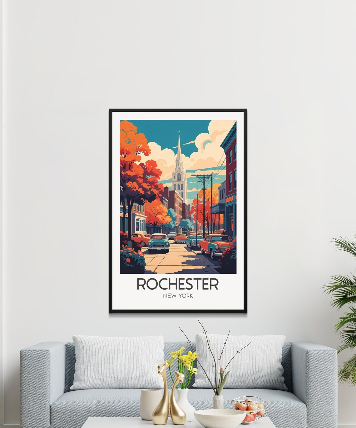 Rochester New York Retro Street Church Cityscape Travel Poster
