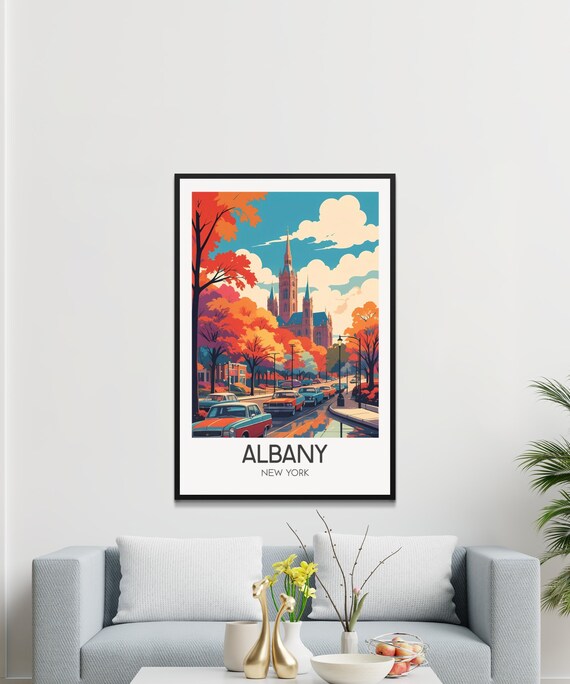 Albany New York Autumn Retro City Street Church Travel Poster