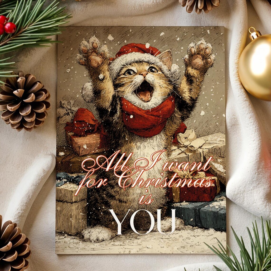 Christmas Cat, Festive Holiday Kitten Art Print