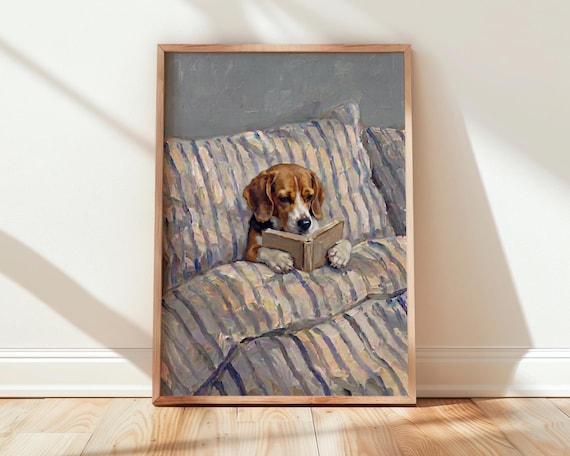 Beagle In Bed Print Dog Reading Book Wall Art