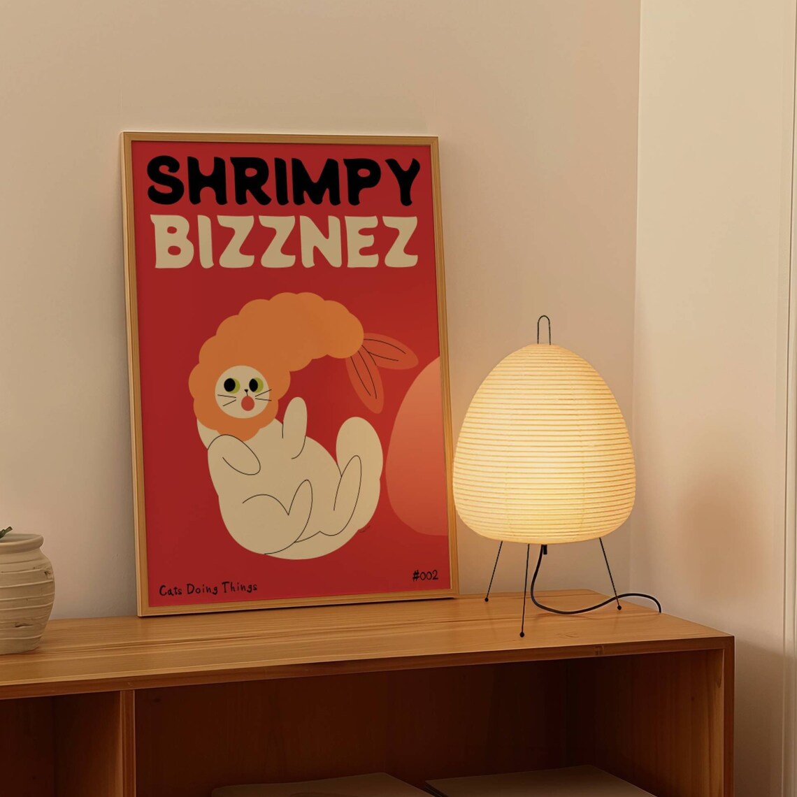 Shrimpy Bizznez Funny White Cat Tempura Bold Red Kitchen Poster - Image 2