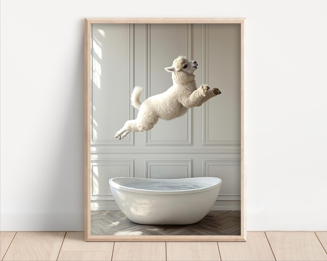 Alpaca Jumping Into Bathtub Poster Or Canvas Funny Bathroom Wall Art Decor Animals Taking A Bath Cute Print Animal