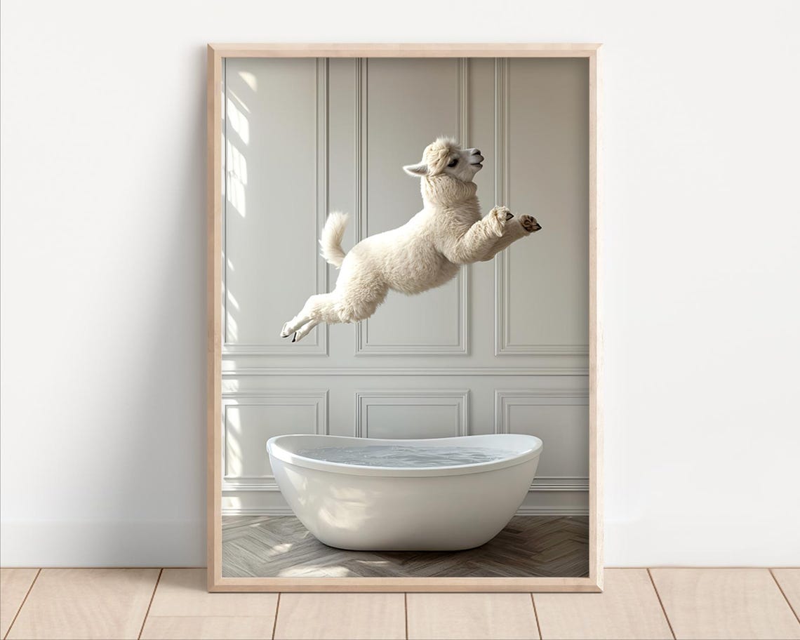 Funny White Llama Leaping Clean Over Modern Bathroom Tub Poster