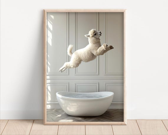Alpaca Jumping Into Bathtub Poster Or Canvas Funny Bathroom Wall Art Decor Animals Taking A Bath Cute Print Animal