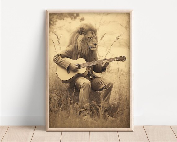 Lion Playing Acoustic Guitar Poster Or Canvas Funny Music Room Wall Art Vintage Style Animal Decor Quirky Humor Retro Photo Print