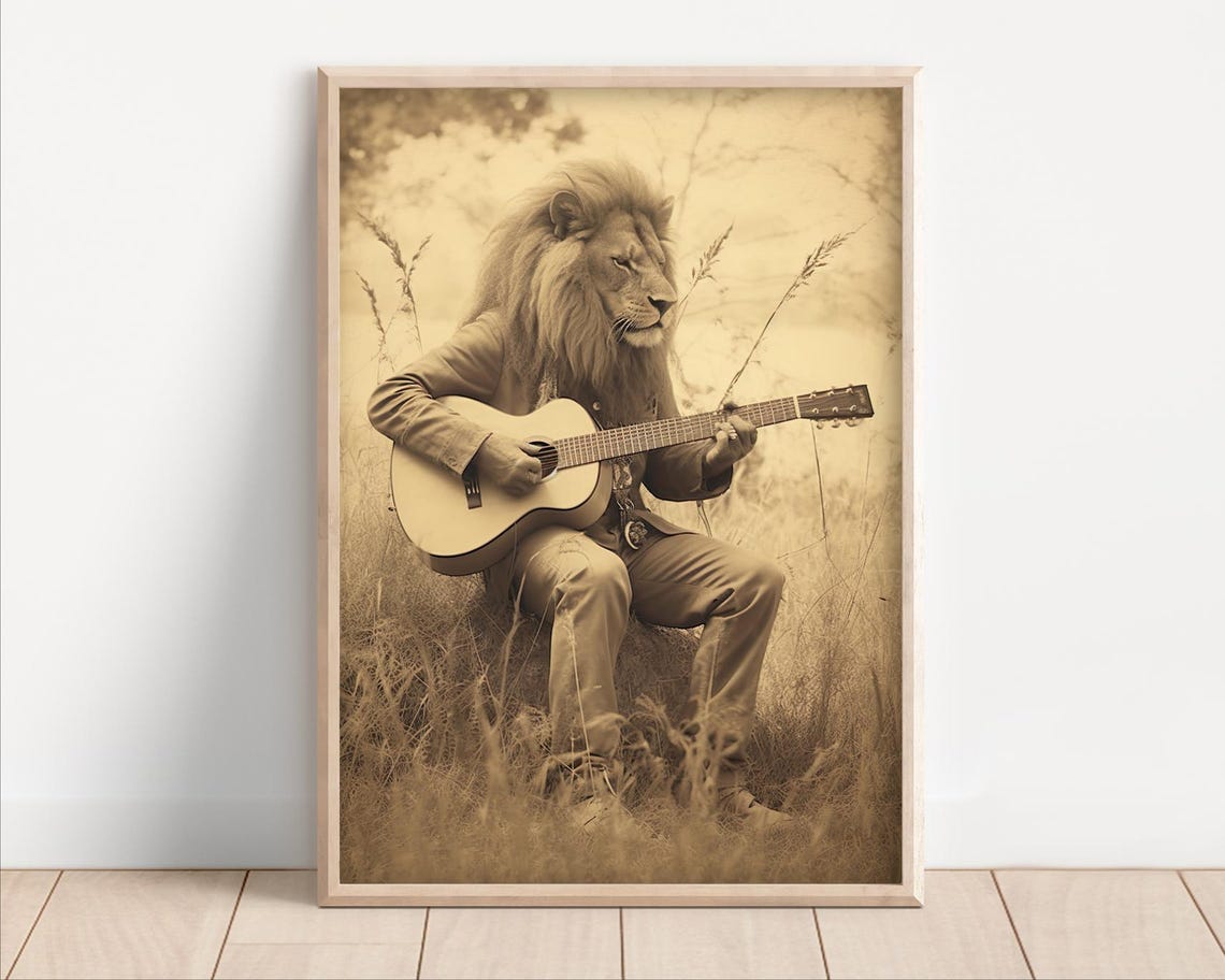 Charming Lion Playing Acoustic Guitar Sepia Vintage Music Wall Art