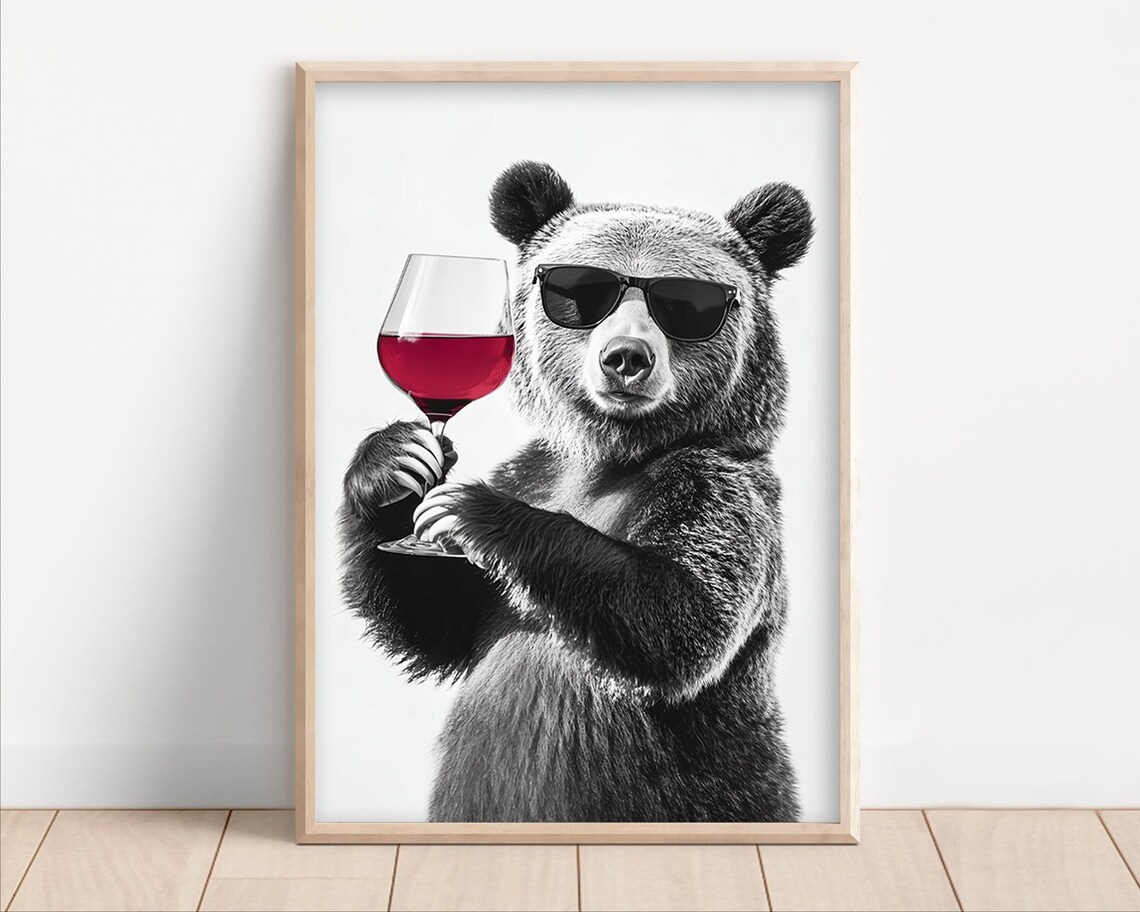 Bear Drinking Red Wine Poster Or Canvas Funny Kitchen Wall Art Retro Home Bar Decor Lovers Dining Room Print Cute Animal