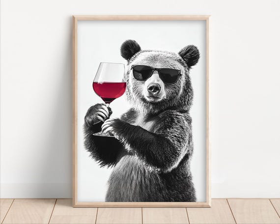 Bear Drinking Red Wine Poster Or Canvas Funny Kitchen Wall Art Retro Home Bar Decor Lovers Dining Room Print Cute Animal