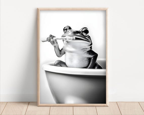 Frog Brushing Teeth Poster Or Canvas Funny Bathroom Wall Art Kids Laundry Room Decor Retro Animal Humor Cute Print