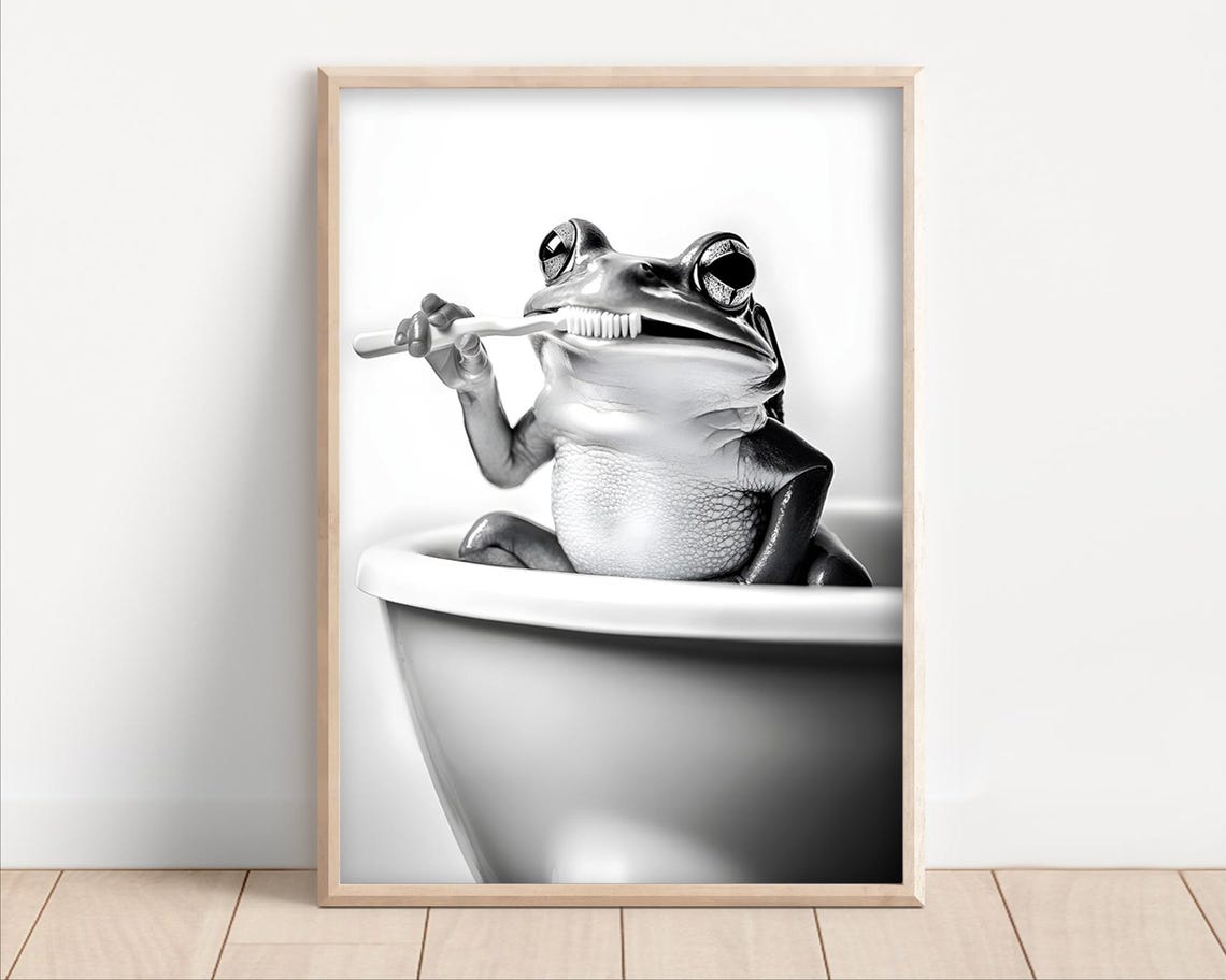Funny Frog Brushing Teeth While Sitting In White Bathtub Poster