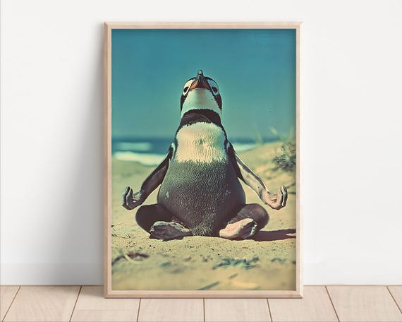 Yoga Penguin Poster Or Canvas Funny Wall Art Meditation Cute Kids Nursery Room Decor Retro Zen Quirky Animal Humor Print