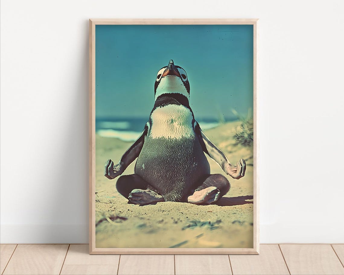 Meditating Penguin Zen Yoga Funny Retro Beach Animal Wall Art