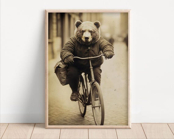 Bear Riding A Bike Poster Or Canvas Funny Animal Wall Art Retro Vintage Style Home Decor Cute Kids Nursery Room Print Quirky Humor