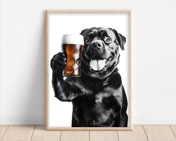 Rottweiler Dog Drinking Beer Poster Or Canvas Lover Decor Alcohol Humor Funny Kitchen Wall Art Owner Gift Home Bar Print