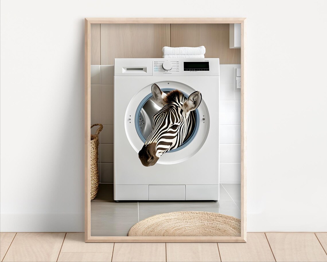 Zebra In A Washing Machine Poster Or Canvas Funny Bathroom Wall Art Cute Laundry Room Decor Retro Animals Print