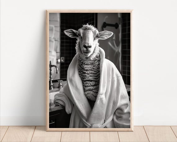 Sheep Wearing A Bathrobe Poster Or Canvas Funny Bathroom Wall Art Cute Animals In Kids Laundry Room Decor Print