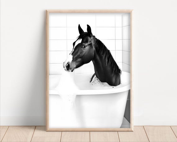 Horse Taking A Bubble Bath Poster Or Canvas Funny Bathroom Wall Art Animals In Bathtub Cute Kids Laundry Room Decor Print