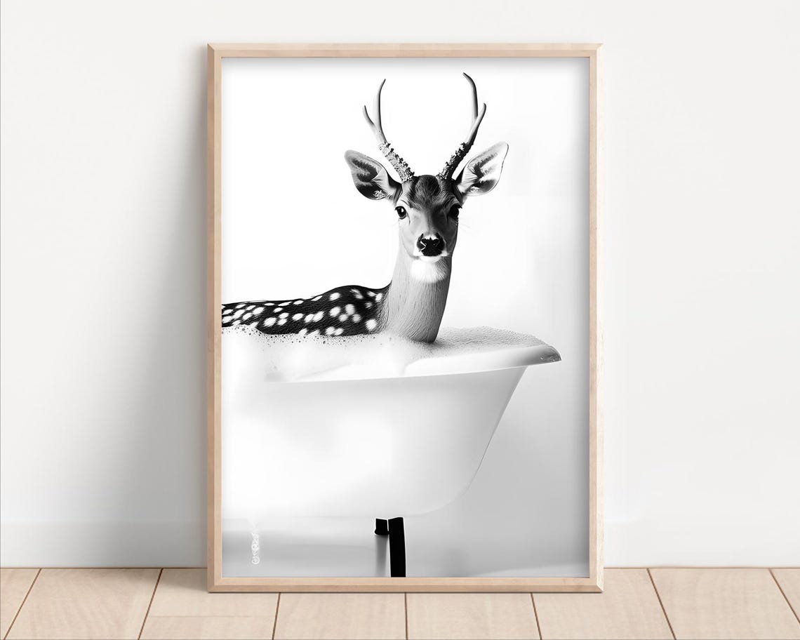 Deer Taking a Bubble Bath Black and White Bathroom Humor Poster