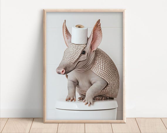 Armadillo With Toilet Paper On Poster Canvas Funny Bathroom Wall Art Cute Kids Laundry Room Decor Quirky Animal Humor Photo Print