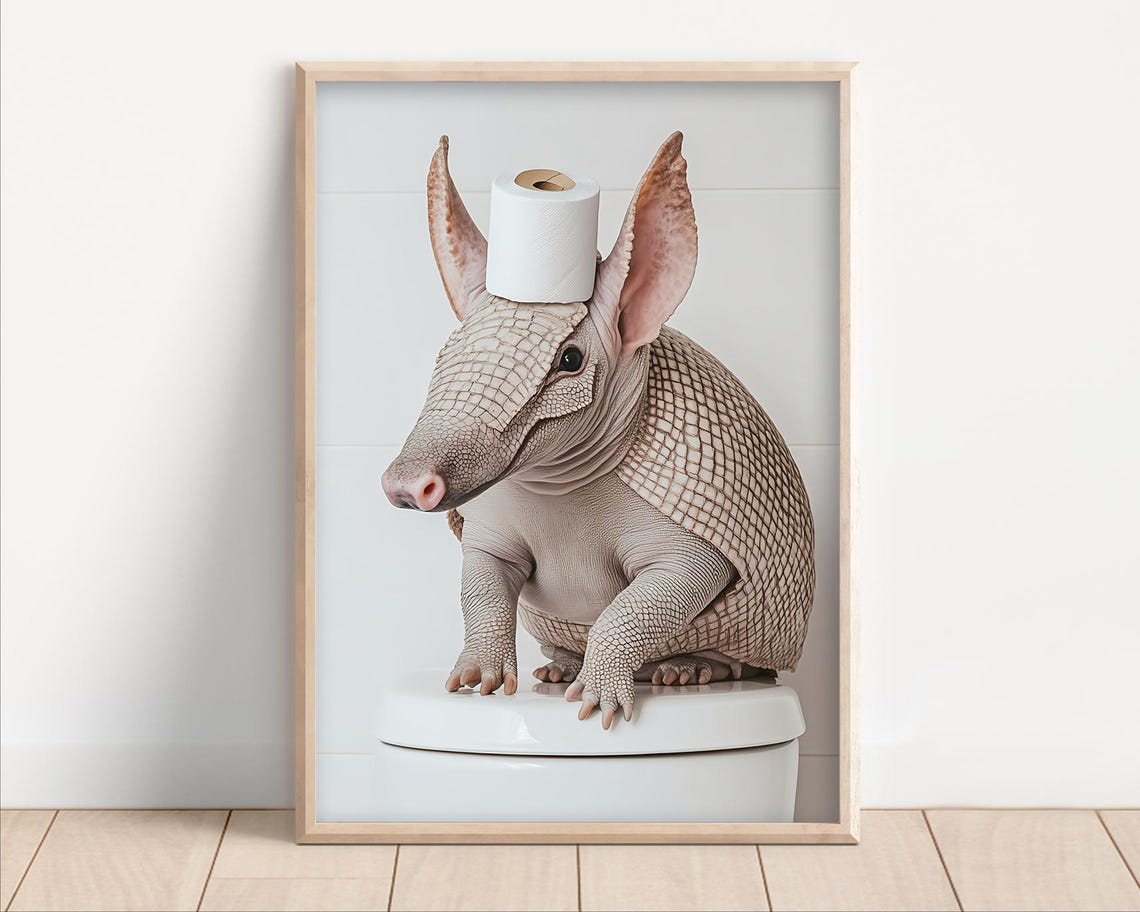 Funny Curious Armadillo on the Toilet with Toilet Paper Hat Poster
