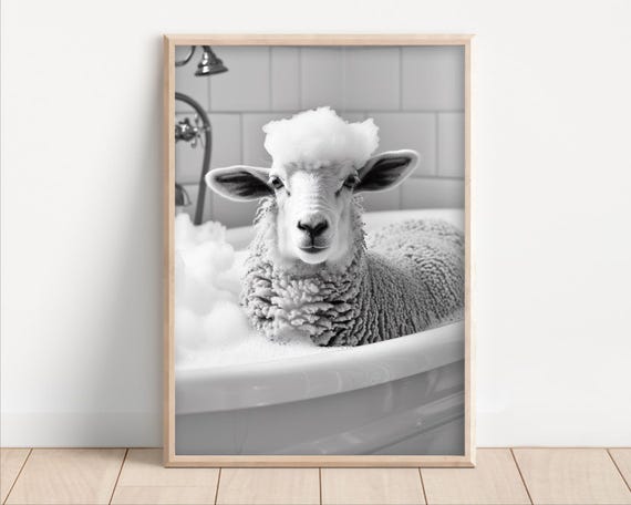 Sheep Taking A Bath Poster Or Canvas Funny Bathroom Wall Art Animals In Bathtub Vintage Style Retro Print Cute Decor