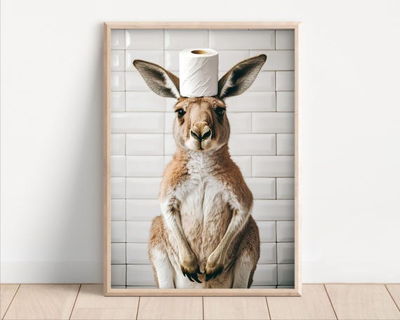 Kangaroo With Toilet Paper On Poster Canvas Funny Bathroom Wall Art Cute Kids Laundry Room Decor Quirky Animal Humor Photo Print