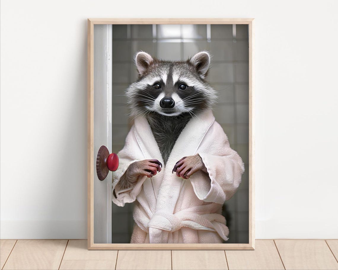Curious Raccoon in a Bathrobe Peeking From the Bathroom Door Poster