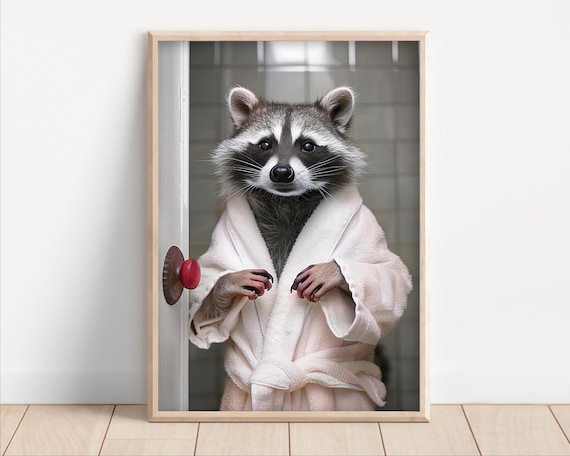 Funny Raccoon Bathroom Wall Art In Bathrobe Poster Or Canvas Quirky Laundry Room Decor Animal Humor Print Toilet Powder
