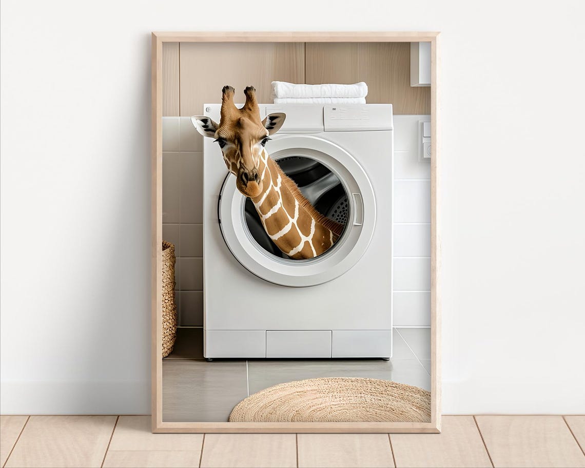 Giraffe Head In Washing Machine Funny Laundry Room Animal Poster