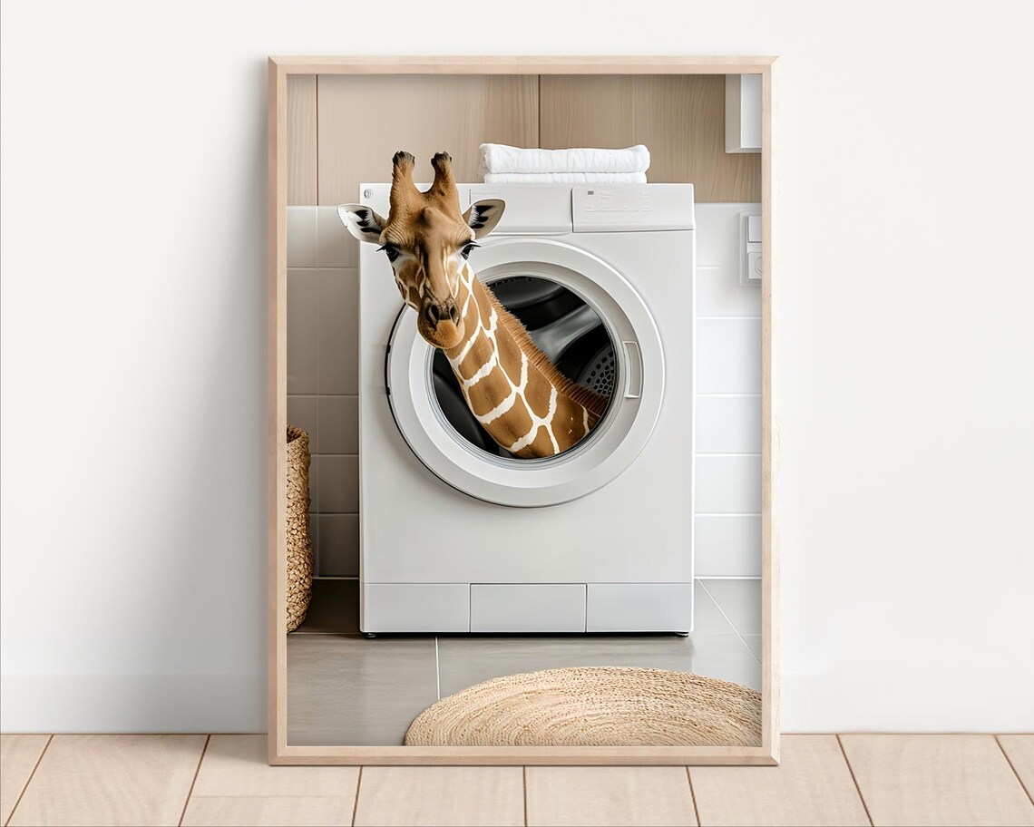 Giraffe In A Washing Machine Poster Or Canvas Funny Bathroom Wall Art Cute Laundry Room Decor Retro Animals Print