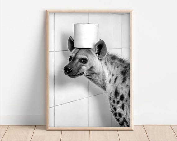 Hyena With Toilet Paper On Poster Or Canvas Funny Bathroom Wall Art Kids Laundry Room Decor Animal Humor Photo Cute Print