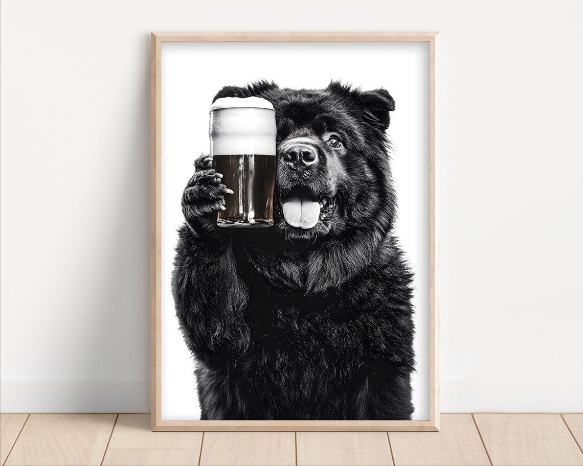 Chow Chow Dog Holding a Beer Glass Funny Bar Animal Kitchen Poster